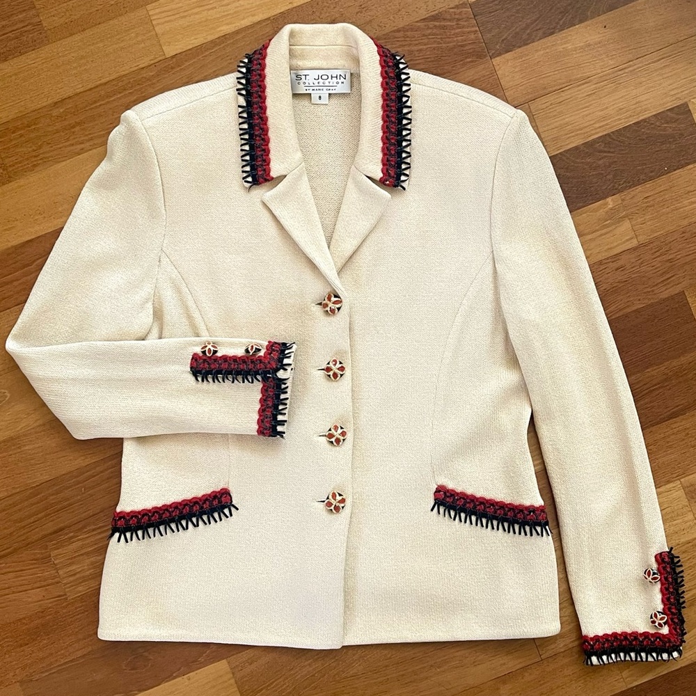 ST JOHN COLLECTION Fringe Jacket Coat SIZE 8 Ivory Red Cardigan Santana Knits - Picture 3 of 9